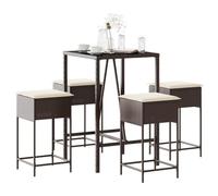 Ordellia Ensemble de Bar de Jardin 5 pcs en résine tressée Marron avec Coussins crème, Dessus en Verre trempé Noir, Table carrée 70 cm et 4 tabourets Lounge pour terrasse