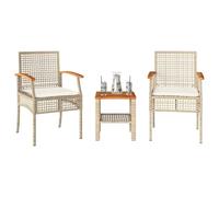 Ordellia Ensemble de Bistro 3 pcs résine tressée Beige et Marron Bois Acacia Table carrée 40 x 40 cm, 2 fauteuils, Coussins Blancs crème pour Jardin Balcon terrasse Repas détente