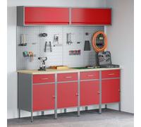 Ordellia Ensemble de meubles de travail robuste avec tiroirs et serrures pour atelier garage bureau 10 pièces en acier et bois rouge, idéal pour rangement outil organisation