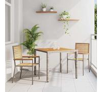 Ordellia Ensemble de Salle à Manger Jardin 3 pièces Gris et Marron, Table 90 x 90 x 75 cm, 2 chaises en polyrotin, Cadre Acier, accoudoir Bois d’Acacia pour terrasse et Repas extérieur