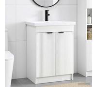 Ordellia Ensemble mobilier Salle de Bain Blanc Meuble lavabo Vasque sous Placard, Armoire Rangement avec Robinet, Bois d’ingénierie 56 x 37,5 x 81 cm, Style Contemporain
