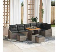 Ordellia Ensemble Salon de Jardin 9 pcs Gris Poly rotin avec Coussins Amovibles, Table réglable Bois Acacia, mobilier modulable pour terrasse, détente extérieure