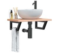 Ordellia Étagère de Vasque Murale Acier et Bois de hêtre Massif, Plan Toilette 60 x 40 x 2,5 cm, Meuble lavabo Salle Bain, Armoire Rangement Vasque, Support Noir 100 kg, Installation Suspendue