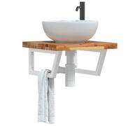 Ordellia Étagère Murale pour Vasque, Acier Blanc et Bois d’Acacia Massif, Plateau 50 x 50 x 4 cm, Support trapèze, Rangement Salle de Bain, Montage 2 Supports