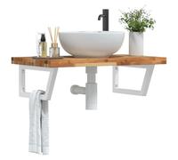 Ordellia Étagère Murale pour Vasque en Acier et Bois d’Acacia Massif 100 x 50 x 4 cm, Forme trapèze, Supports Blancs pour Rangement Salle de Bain, 100 kg