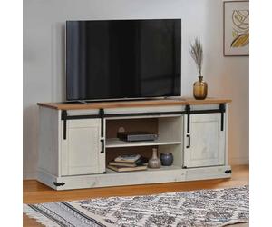 Ordellia Halden Meuble TV blanc en pin massif, 150 x 40 x 60 cm, avec 2 portes coulissantes et compartiments de rangement, meuble TV polyvalent pour salon et chambre à coucher