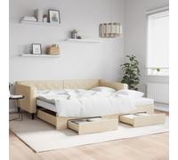Ordellia Lit de jour extensible avec tiroirs, crème, 100 x 200 cm, housse en tissu, 2 matelas, canapé-lit multifonction pour chambre d'amis, cadre de lit robuste