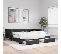 Ordellia Lit de jour extensible avec tiroirs, noir, 90 x 190 cm, housse en tissu, 2 matelas, lit d'invité, canapé-lit, cadre en bois, métal, meubles de salon