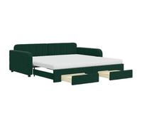 Ordellia Lit de Jour Vert foncé 100x200 cm Velours avec lit gigogne, tiroirs de Rangement, Cadre en Bois Massif et métal, Matelas Mousse Confortable pour Chambre Salon Multifonction