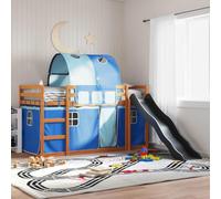 Ordellia Lit superposé, avec toboggan, rideaux bleus, 90 x 200 cm, en pin massif, lit d'enfant, avec protection anti-chute, lit de jeu pour garçons et filles, meuble robuste