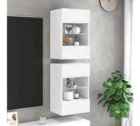 Ordellia Lot de 2 armoires murales blanches avec éclairage LED RVB - 40 x 30 x 60,5 cm - Console TV flottante en bois pour salon et chambre à coucher