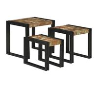 Ordellia Lot de 3 tables de nidification en bois recyclé massif et métal, marron noir, table basse industrielle pour salon, empilable, durable