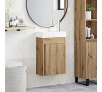 Ordellia Meuble de salle de bain en chêne Artisan avec lavabo, mitigeur, montage mural, espace de rangement et porte, compact pour salle de bain, WC d'invités, buanderie, meuble de salle de bain