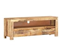 Ordellia Meuble TV en bois de manguier rugueux, 110 x 30 x 40 cm, étagère multimédia robuste pour salon et chambre à coucher, avec compartiment et 3 tiroirs, grain de bois unique
