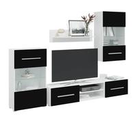 Ordellia Meuble TV Mural 5 pièces en Bois d'ingénierie Noir et Blanc avec éclairage LED intégré, Ensemble de Rangement pour Salon, Espace multimédia organisé, Design Contemporain Facile à Assembler