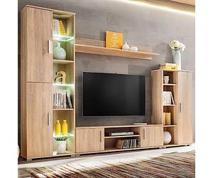 Ordellia Meuble TV mural avec éclairage LED, chêne Sonoma, 260 cm de large, centre de divertissement moderne pour salon, matériau à base de bois, montage facile