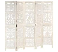 Ordellia Paravent 5 pièces - Blanc - 200 x 165 cm - Sculpté à la main - En bois de manguier massif - Pliable - Autonome - Opaque - Pour chambre à coucher, bureau et vestiaire