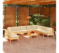 Ordellia Salon de Jardin 11 pcs en Bois de pin Massif avec Coussins crème, Module d’Angle et Table Repose Pied pour terrasse Jardin, détente et Repas