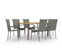 Ordellia Salon de jardin 7 pièces en polyrotin gris, table 150 x 90 cm et 6 chaises empilables, résistant aux intempéries, pour terrasse ou balcon