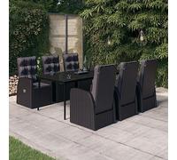 Ordellia Salon de jardin 7 pièces - En rotin synthétique - Avec chaises réglables - Table en verre - Avec coussins - 200 x 100 cm - Noir