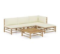 Ordellia Salon de Jardin modulable 5 pièces en Bambou, Coussins Blanc crème, canapé d Angle, Table et Repose Pied, Ensemble mobilier extérieur pour terrasse, Balcon, Patio, détente et Repas