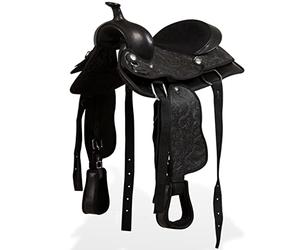 Ordellia Selle western en cuir véritable noir de 30,5 cm avec licol et palette, selle de cheval pour poney et cavalier, sangle de selle, étrier, bride, équitation et terrain avec confort et durabilité