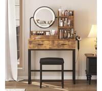 Ordinateur de maquillage avec miroir rond et lampes, table de maquillage avec sèche-cheveux, petite commode pour chambre à coucher avec beaucoup d'espace de rangement (café avec charge, 15,7 x 31,5 cm
