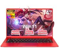 Ordinateur Portable 14 Pouces Celeron N5095 Win11 Pro 8Go RAM 256Go SSD Extension1To 5G WiFi 1920x1080 FHD PC Portable avec Souris sans Fil qwerty Clavier avec AZERTY Membrane du Clavie - Rouge Métal