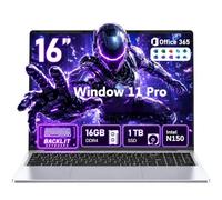 Ordinateur portable de jeu, Windows 11 Pro avec Office 365,16", 2026, 16 Go de RAM 1 To SSD, processeur N150 (4C/4T), batterie 6000 mAh, clavier rétroéclairé, FHD 1200p, garantie 2 ans, affaires