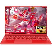 Ordinateur Portable Gaming 16 Pouces 12+512 Go Soutien Extension 2TB (HDD-2TB) 4 cœurs Celeron N5095 (jusqu'à 2,9 GHz)PC Gamer Portable 1920x1200 Laptop avec clavier numérique 5G WiFi Mini HDMI-Rouge