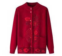 ORDOBO Cardigan Tricoté Femme - Hiver Femmes Fleur Vintage Tricoté Manteau Col Rond Hauts en Tricot Poches Élégant Décontracté Streetwear Veste Grande Taille, Rouge, XL