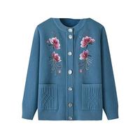ORDOBO Cardigan Tricoté Femme - Veste Tricotée pour Personnes Âgées D'Âge Moyen, Vêtements d'automne, Cardigan en Tricot, Pull Brodé, Manteau d'hiver Épais, Hauts Vintage, Bleu, XL