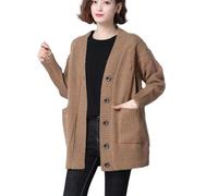 ORDOBO Cardigan Tricoté pour Femme - Grande Taille en Tricot Hauts Veste Élégante Col en V Pull Ample Automne Hiver Chaud Décontracté À Manches Longues Manteau Mi-Long, Marron, 5XL 70-75 Kg