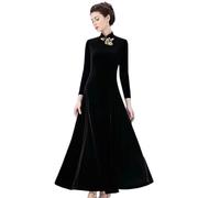 ORDOBO Cheongsam Manche Longue pour Femme - Robe en Velours Grande Taille Coupe Ajustée Style Cheongsam Col Mandarin Style Printemps-Automne Coupe Trapèze pour Soirée Mariage Noir Taille L