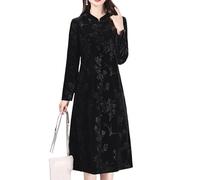ORDOBO Cheongsam Manche Longue pour Femme - Robe Mi-Longue en Velours Cheongsam À Col Montant Et Jacquard De Style Chinois Ample Grande Taille Couleur Unie Coupe Trapèze Noire 6XL