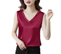 ORDOBO Gilet Femme En Satin De Soie - Mode Été Col En V Gilet Hauts Sans Manche Bureau Travail Vêtements Quotidiens Mince Simple Couleur Unie S-7Xl Grande Taille Chemise Élégante, Rouge, 7Xl