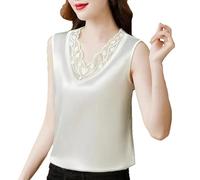ORDOBO Gilet Femme En Satin De Soie - Style Coréen Dentelle Gilet Mode Col En V Sans Manches Bureau Hauts M-4Xl Grande Taille Élégant Classique Doux Confortable Mince Couleur Unie,Blanc,3Xl