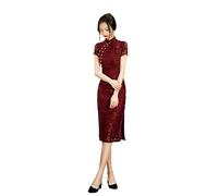 ORDOBO Robe Chinoise pour Femme - Robe Mi-Longue en Dentelle Brodée Style Chinois Traditionnel Col Mandarin Coupe Ajustée Fente Latérale Couleur Unie Bordeaux 4XL