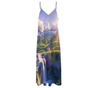 ORDOBO Robe Imprimée sans Manches pour Femme - Cascade De Dashan Robe D'Été Long Beach Sexy Dos Nu Trapèze Streetwear Décontractée Robe Ample Col V 5XL