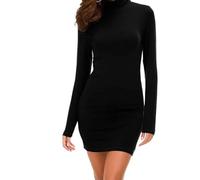ORDOBO Robe Manches Longues pour Femme - Mini Robe Basique À Col Haut Coupe Slim Couleur Unie Style Coréen Grande Taille Coupe Trapèze Longueur Genou Style Streetwear Noir XL