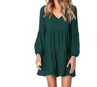 ORDOBO Robe Manches Longues pour Femme - Robe Ample À Col en V Grande Taille Style Coréen Couleur Unie Basique Coupe Trapèze Vêtements Vert S