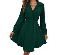 ORDOBO Robe Manches Longues pour Femme - Robe Courte À Simple Boutonnage Style Coréen Couleur Unie Longueur Genou Style Streetwear Vert Taille S