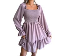 ORDOBO Robe Manches Longues pour Femme - Robe Trapèze À Basque Col Carré Évasée Manches Longues Couleur Unie Décontractée Grande Taille pour La Plage Printemps-Été Violet Taille M