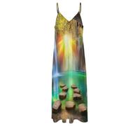 ORDOBO Robe sans Manches pour Femme - Paysage De Cascade Robe Longue De Plage Ample Et Sexy À Bretelles Spaghetti Ajustables (Tailles S À 5XL), Style Vintage Trapèze. L