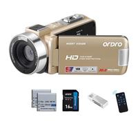 ORDRO Caméscope Full HD 1080p 30MP Zoom numérique 18X Vision nocturne YouTube 3" Écran rotatif à 270° avec carte de 16 Go et 2 batteries Caméra de vlogging Doré