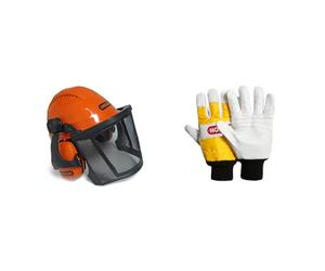 Oregon Waipoua Casque de Sécurité pour Tronçonneuse avec Cache-Oreilles de Protection et Visière en Maille & Gants de Protection - Mixte Adulte - Jaune (Blanc) - L
