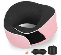 Oreiller de Voyage en Mousse Mémoire pour Avion & Voiture, Soutien Cervical Réglable à 360°, Portable pour Longs Vols/Trains, Inclut Masque pour Les Yeux & Bouchons d'oreilles - Rose