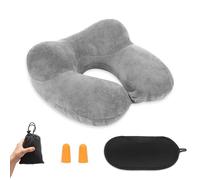Oreiller de Voyage Gonflable, Compact Coussin de Voyage, Coussin de Voyage Avion Gonflable, Support de Cou en Velours Doux pour l'avion, Le Train, la Voiture et Le Bureau avec Masque pour Dormir, Gris