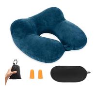 Oreiller de Voyage Gonflable, Compact Coussin de Voyage, Coussin de Voyage Avion Gonflable, Support de Cou en Velours Doux pour l'avion, Le Train, la Voiture et Le Bureau avec Masque pour Dormir, Bleu
