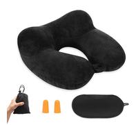 Oreiller de Voyage Gonflable, Compact Coussin de Voyage, Coussin de Voyage Avion Gonflable, Support de Cou en Velours Doux pour l'avion, Le Train, la Voiture et Le Bureau avec Masque pour Dormir, Noir